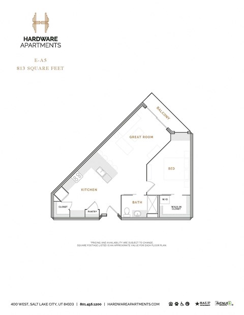 Floor plan for 1 bed, 1 bath, 880 sqft